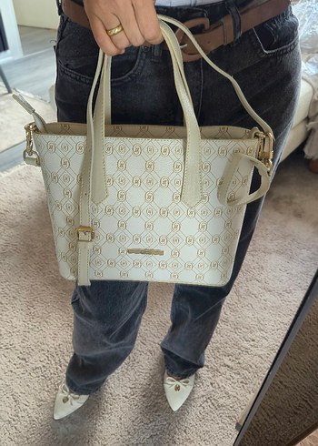 Beyaz Baskılı Deri Kadın Omuz Çantası - Görsel 2