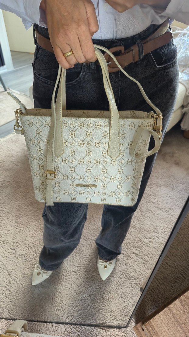 Beyaz Baskılı Deri Kadın Omuz Çantası - Görsel 2