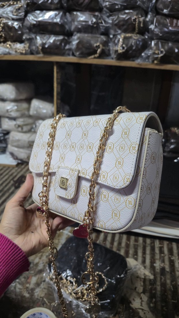 Zincir Detaylı Beyaz Yılan Desenli Kadın Çanta - Görsel 2