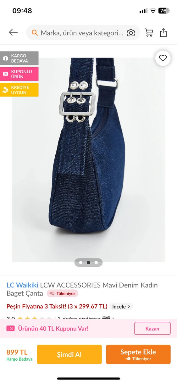 LC Waikiki Mavi Denim Kadın Baget Çanta - Görsel 2