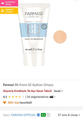 Farmasi BB Krem 02 Açıkten Ortaya 50ml