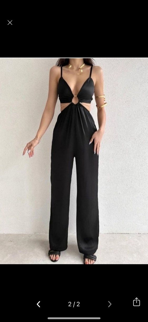 Siyah V Yaka İnce Askılı Kadın Tulum - Görsel 2