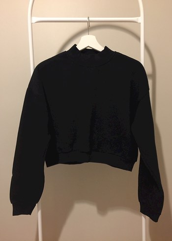 Addax Siyah Yüksek Yakalı Kadın Crop Sweatshirt