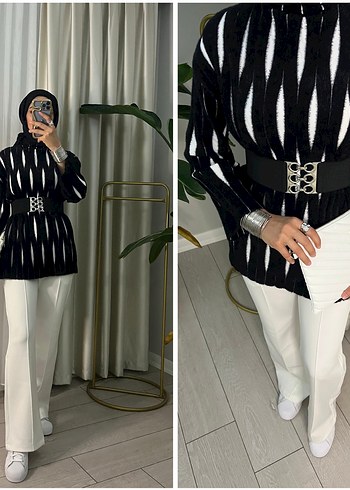 Zebra Desenli Kemerli Uzun Triko Tunik