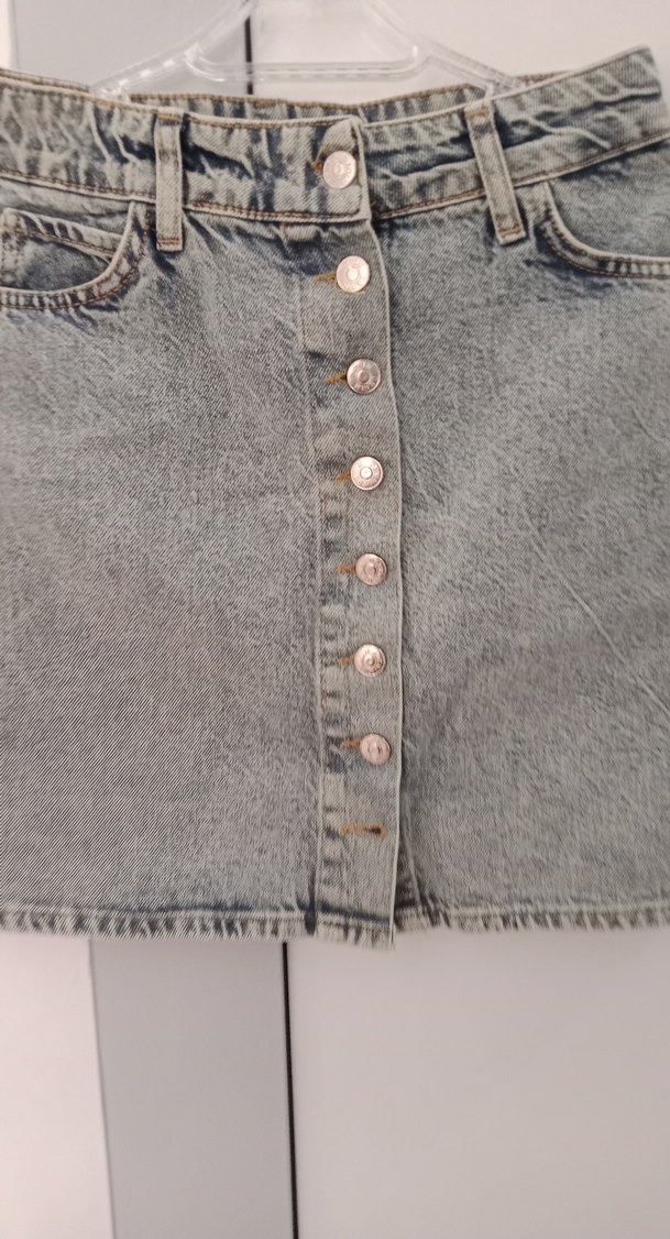 Düğmeli Gri Denim Mini Etek - Görsel 4