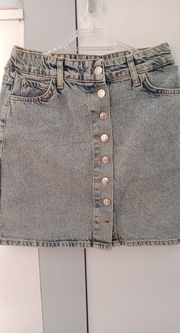 Düğmeli Gri Denim Mini Etek - Görsel 3