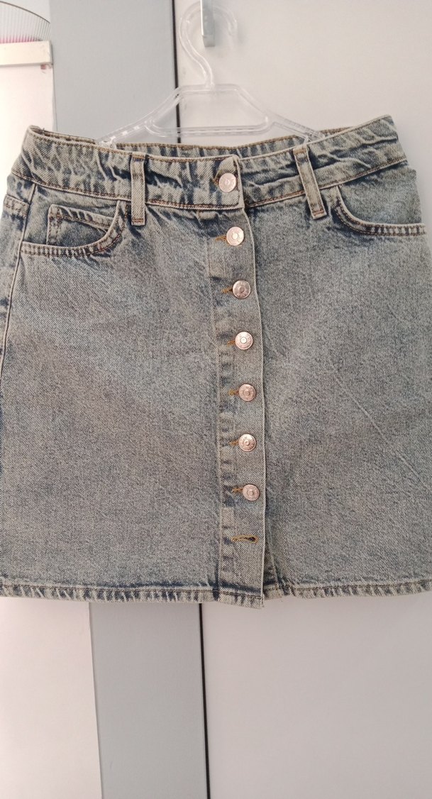 Düğmeli Gri Denim Mini Etek - Görsel 2