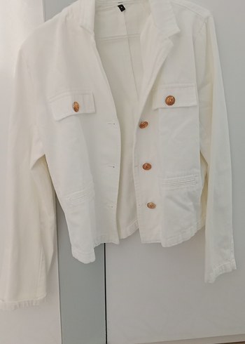 Düğmeli Beyaz Kadın Keten Ceket - Görsel 3