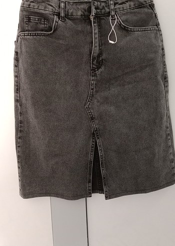 Gri Denim Kemerli Midi Etek - Görsel 4