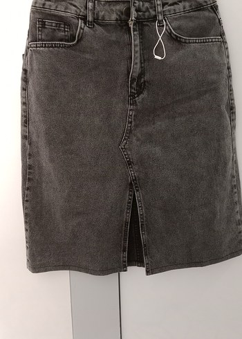 Gri Denim Kemerli Midi Etek - Görsel 2