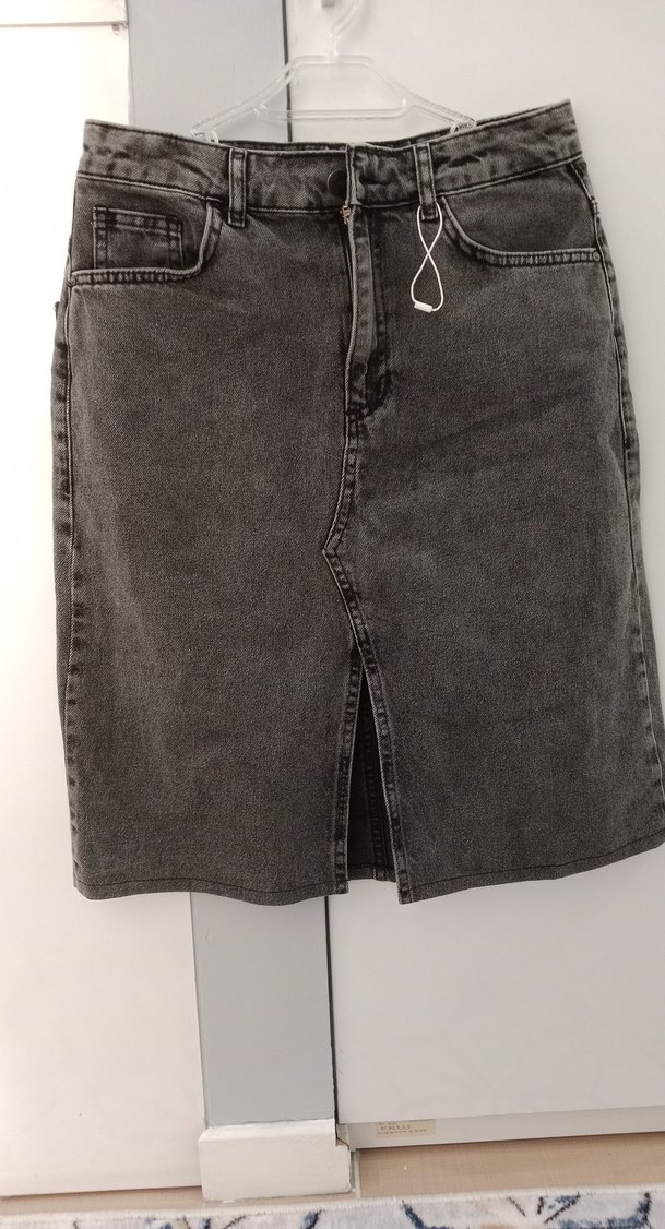 Gri Denim Kemerli Midi Etek - Görsel 4