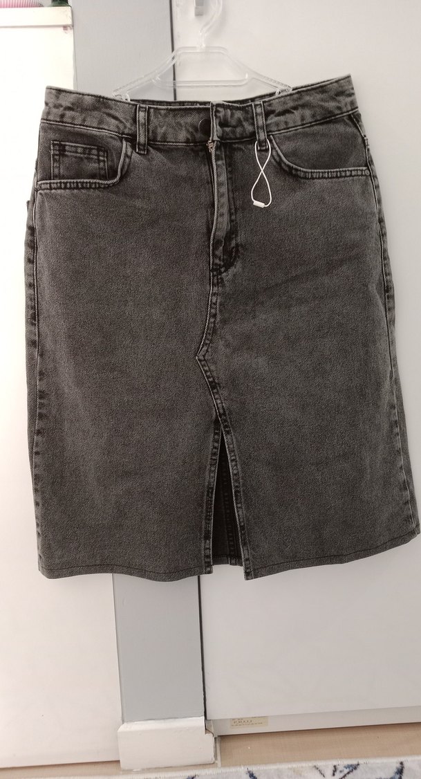 Gri Denim Kemerli Midi Etek - Görsel 3