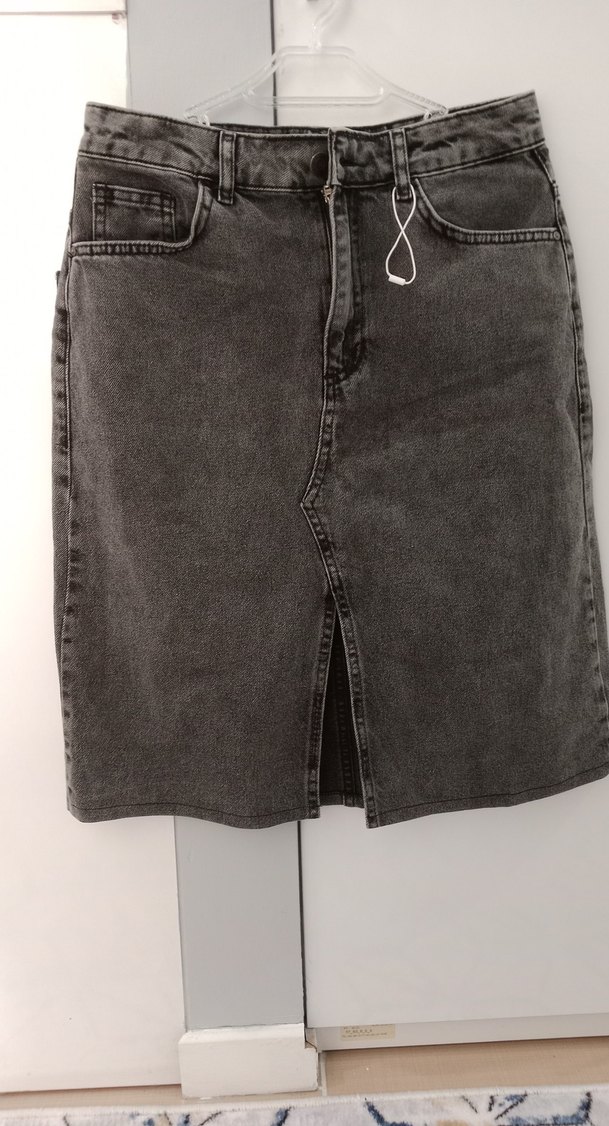 Gri Denim Kemerli Midi Etek - Görsel 2