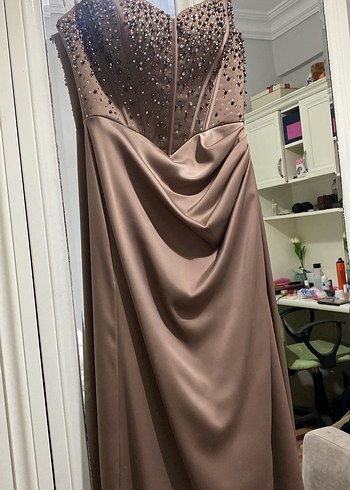 Bej Drapeli Straplez Uzun Abiye Elbise - Görsel 3