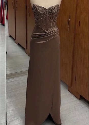 Bej Drapeli Straplez Uzun Abiye Elbise - Görsel 2