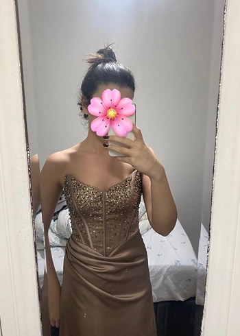 Bej Drapeli Straplez Uzun Abiye Elbise - Görsel 4