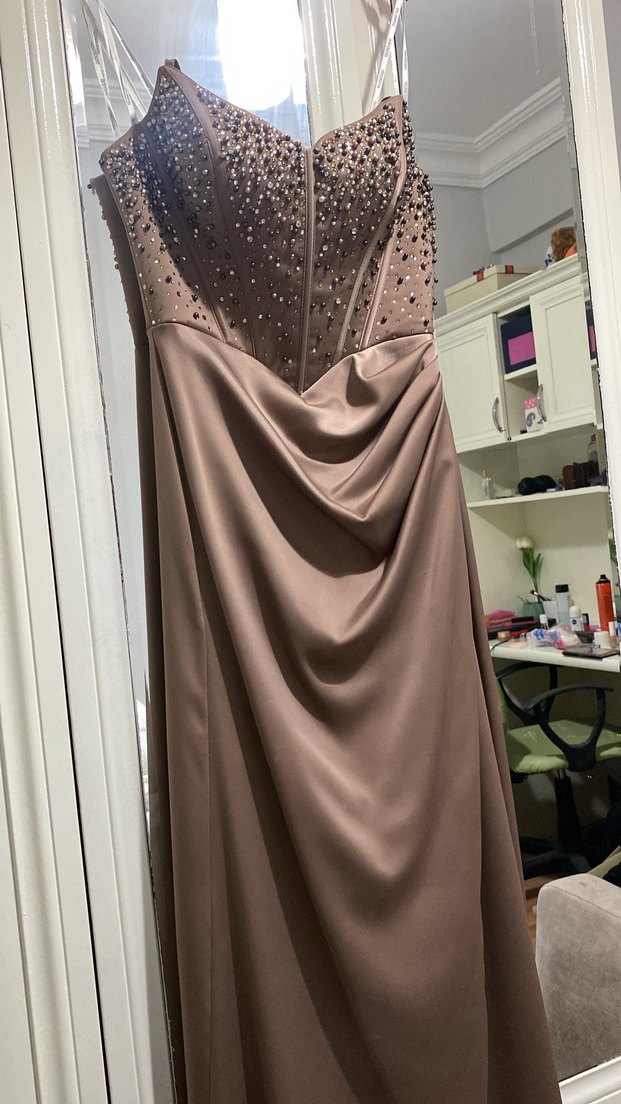 Bej Drapeli Straplez Uzun Abiye Elbise - Görsel 3