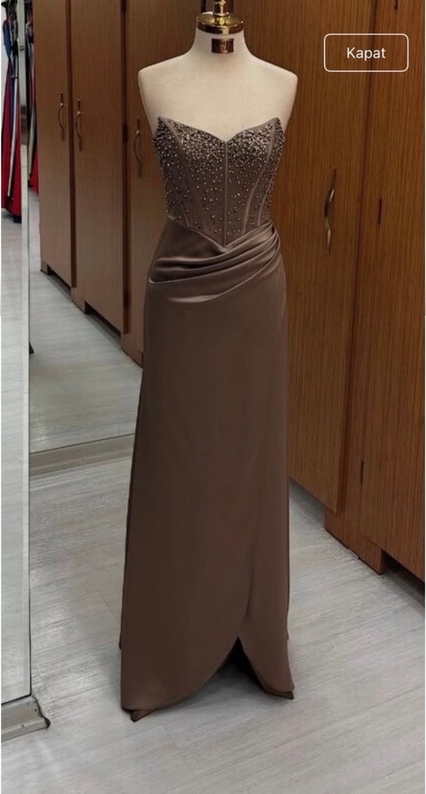 Bej Drapeli Straplez Uzun Abiye Elbise - Görsel 2