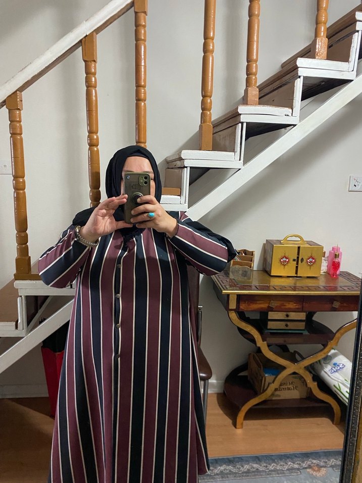 Bordo Çizgili Bohem Uzun  trenç - Görsel 3