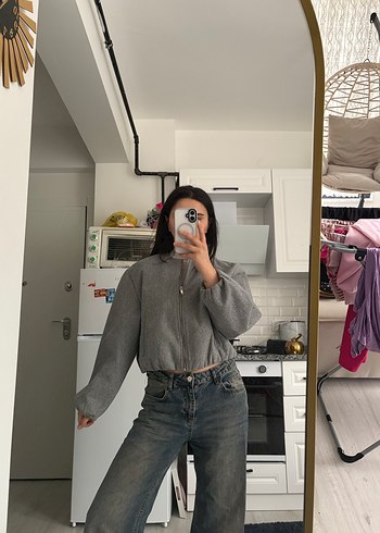 universal Beden Gri Yüksek Yakalı Denim Ceket