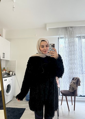 Siyah Midi Boy Tüylü Rahat Kesim Kadın Kaban - Görsel 2