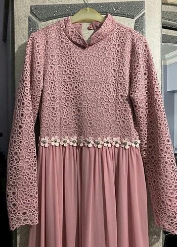 Dantel Detaylı Uzun Pembe Abiye Elbise - Görsel 2