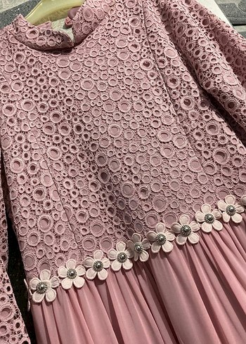 Dantel Detaylı Uzun Pembe Abiye Elbise - Görsel 3