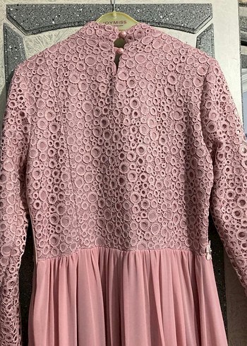 Dantel Detaylı Uzun Pembe Abiye Elbise - Görsel 4