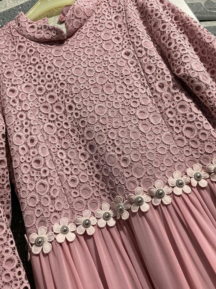 Dantel Detaylı Uzun Pembe Abiye Elbise - Görsel 3