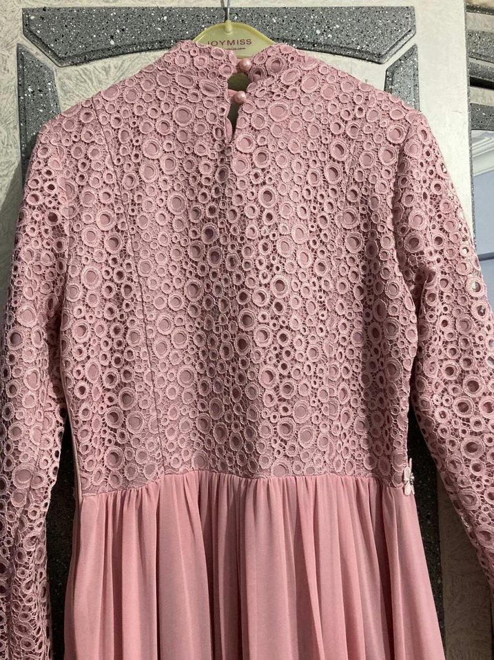 Dantel Detaylı Uzun Pembe Abiye Elbise - Görsel 4