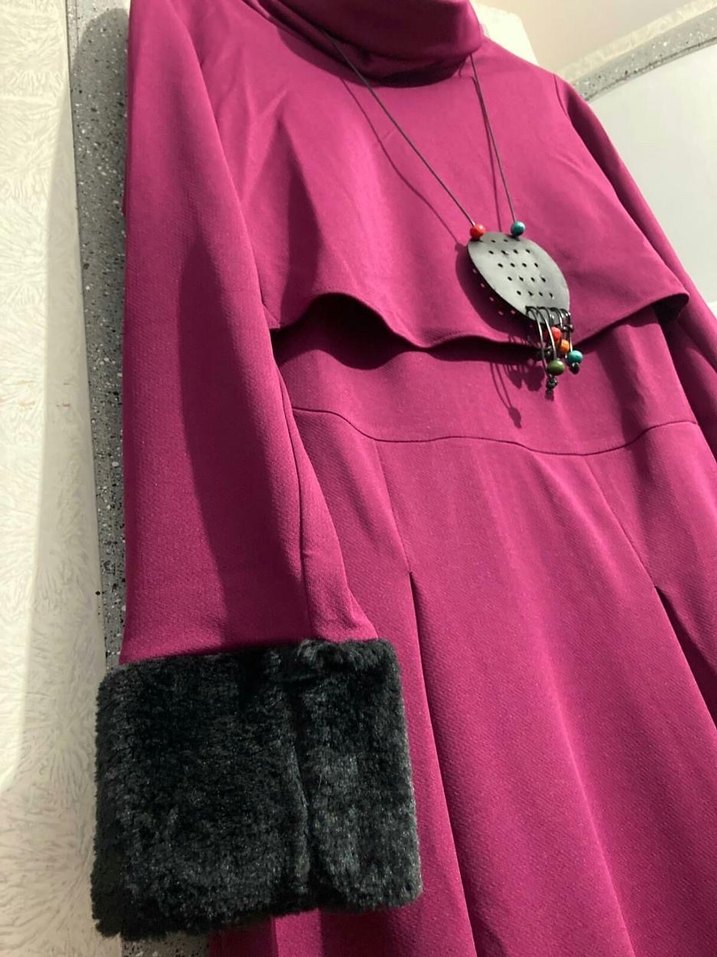 Fuşya Uzun Kollu Yüksek Yakalı Kadın Elbise - Görsel 2