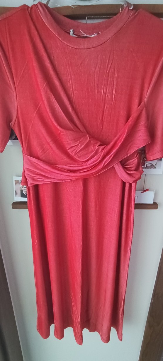 Kırmızı ince beyaz çizgili Drapeli Elbisesi - Görsel 2