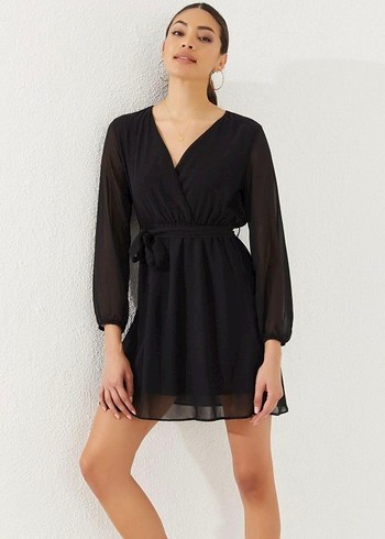 xl Beden siyah Renk Siyah V Yaka Uzun Kollu Kemerli Mini Elbise