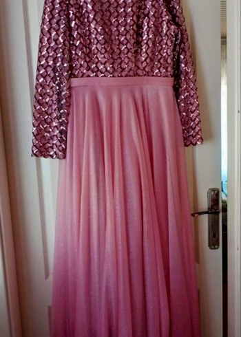 Pembe Drapeli Uzun Kollu Vintage Abiye Elbise