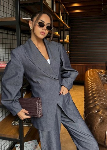 Gri Denim Düğmeli Kadın Blazer Takım