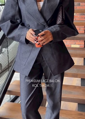 Diğer Gri Denim Düğmeli Kadın Blazer Takım