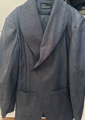 s Beden Gri Denim Düğmeli Kadın Blazer Takım