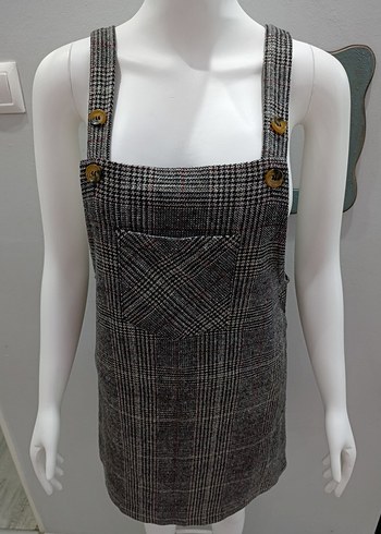 Gri Ekose Yün Askılı Midi Elbise - Görsel 4