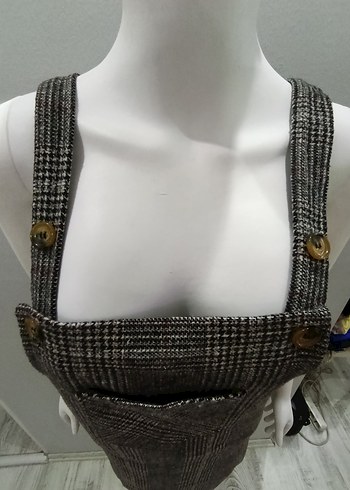 Gri Ekose Yün Askılı Midi Elbise - Görsel 8