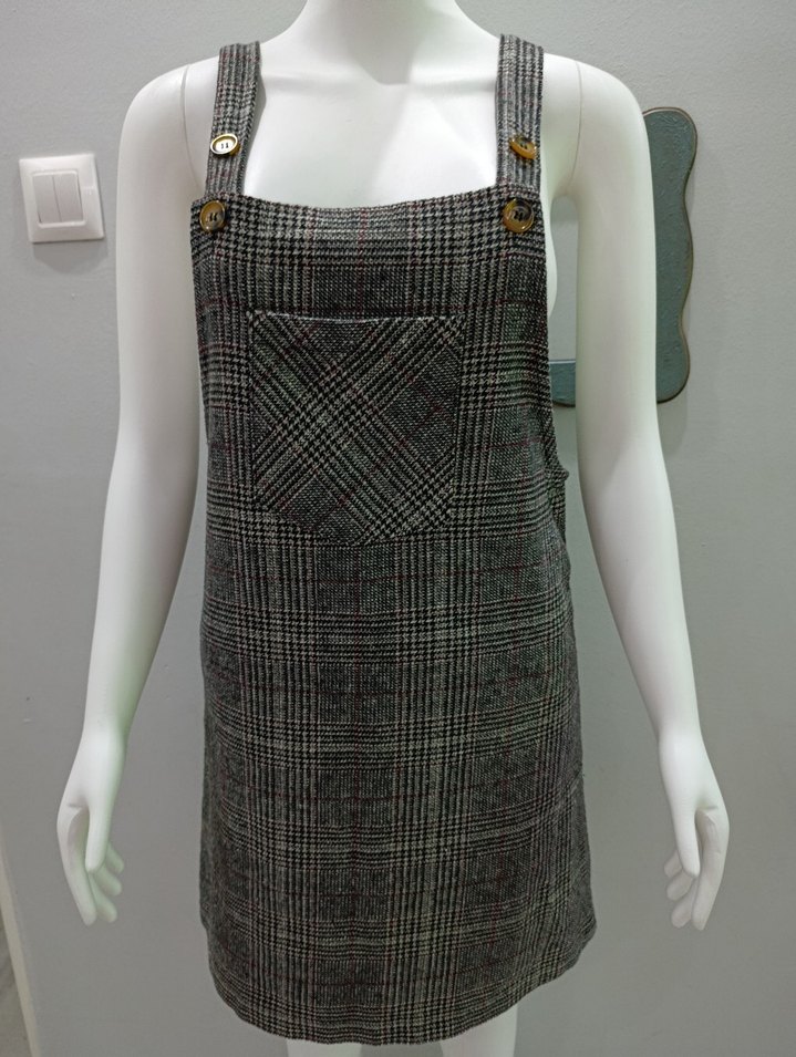 Gri Ekose Yün Askılı Midi Elbise - Görsel 3