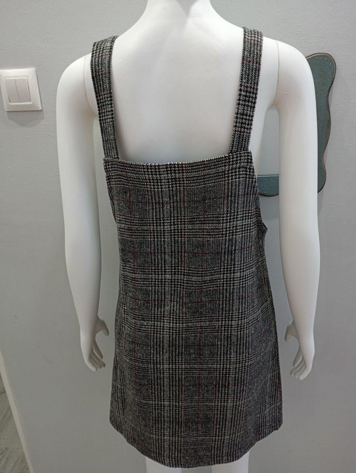 Gri Ekose Yün Askılı Midi Elbise - Görsel 5