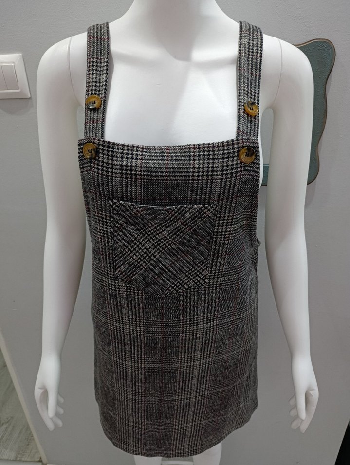 Gri Ekose Yün Askılı Midi Elbise - Görsel 4