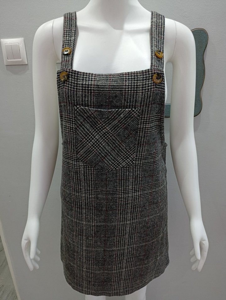 Gri Ekose Yün Askılı Midi Elbise - Görsel 2