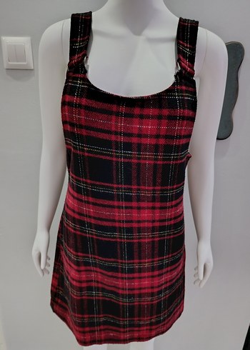 Kırmızı Kareli Askılı Elbise - Görsel 3