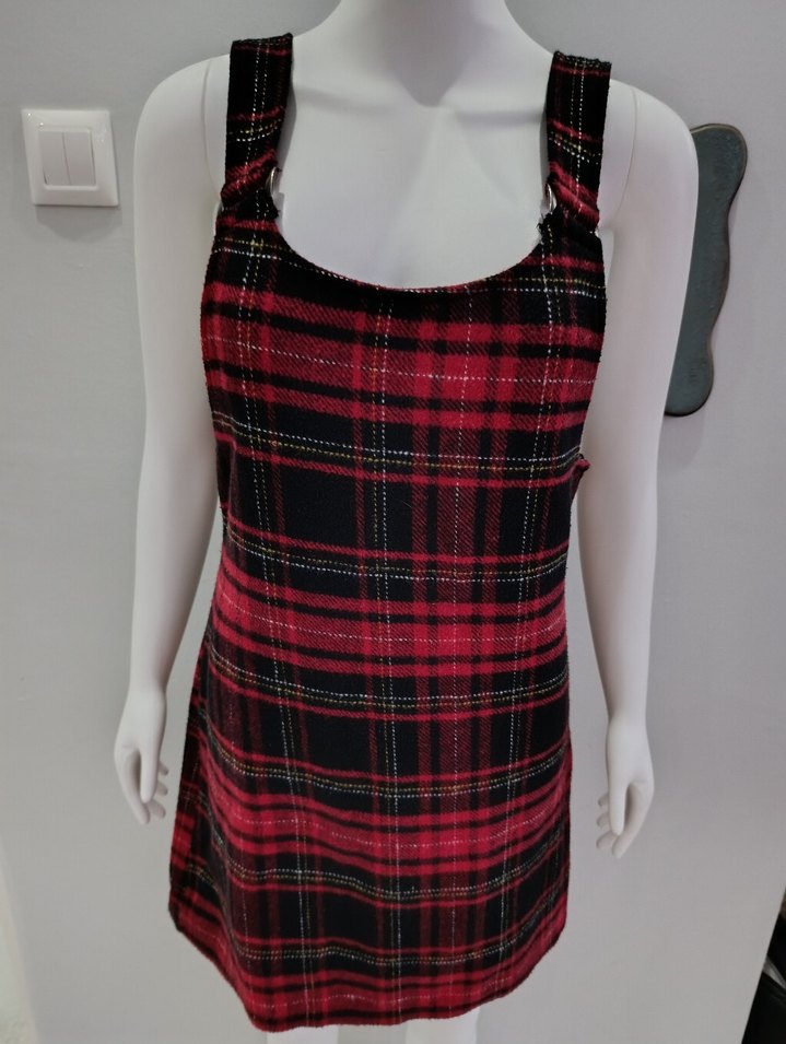 Kırmızı Kareli Askılı Elbise - Görsel 3