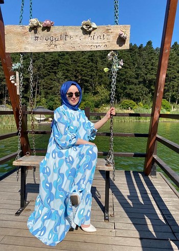 diğer Beden Mavi Bağlama Desenli Salaş Uzun Elbise