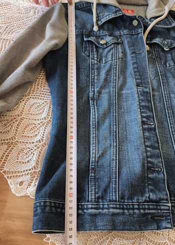 13-14 Yaş Beden gri Renk Gri Kapüşonlu Denim kot Ceket