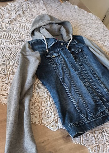 13-14 Yaş Beden Gri Kapüşonlu Denim kot Ceket