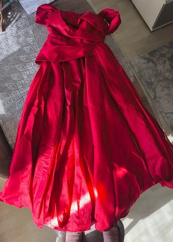 Kırmızı Uzun Drapeli Kadın Abiye Elbise - Görsel 7