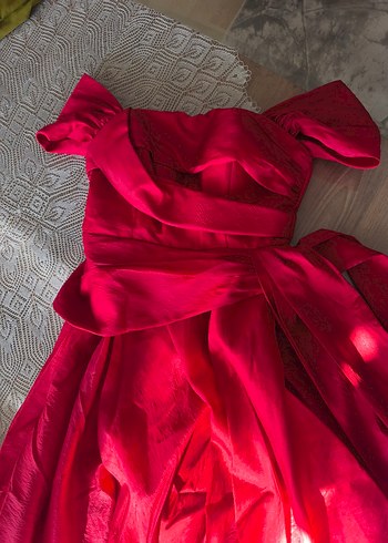 Kırmızı Uzun Drapeli Kadın Abiye Elbise - Görsel 2